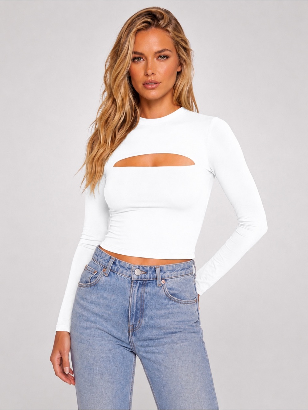 NWT Sugar White Cutout Long Sleeve Crop Top XS Fitted Stretch Going Out Chic NEW - Picture 9 of 9
